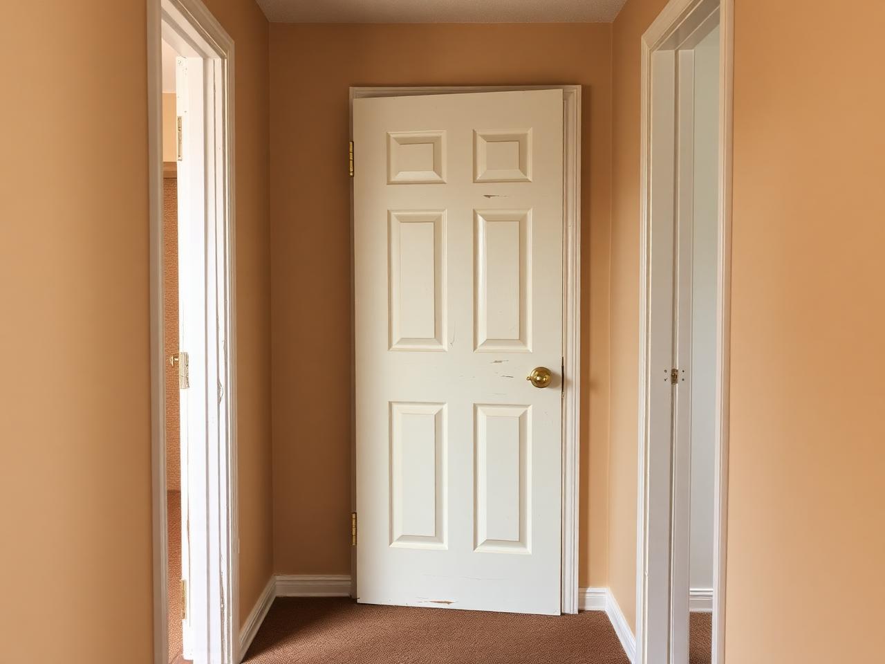 Before: scuffed yellowed hollow-core six-panel interior door with dated brass knob in a Houston TX hallway