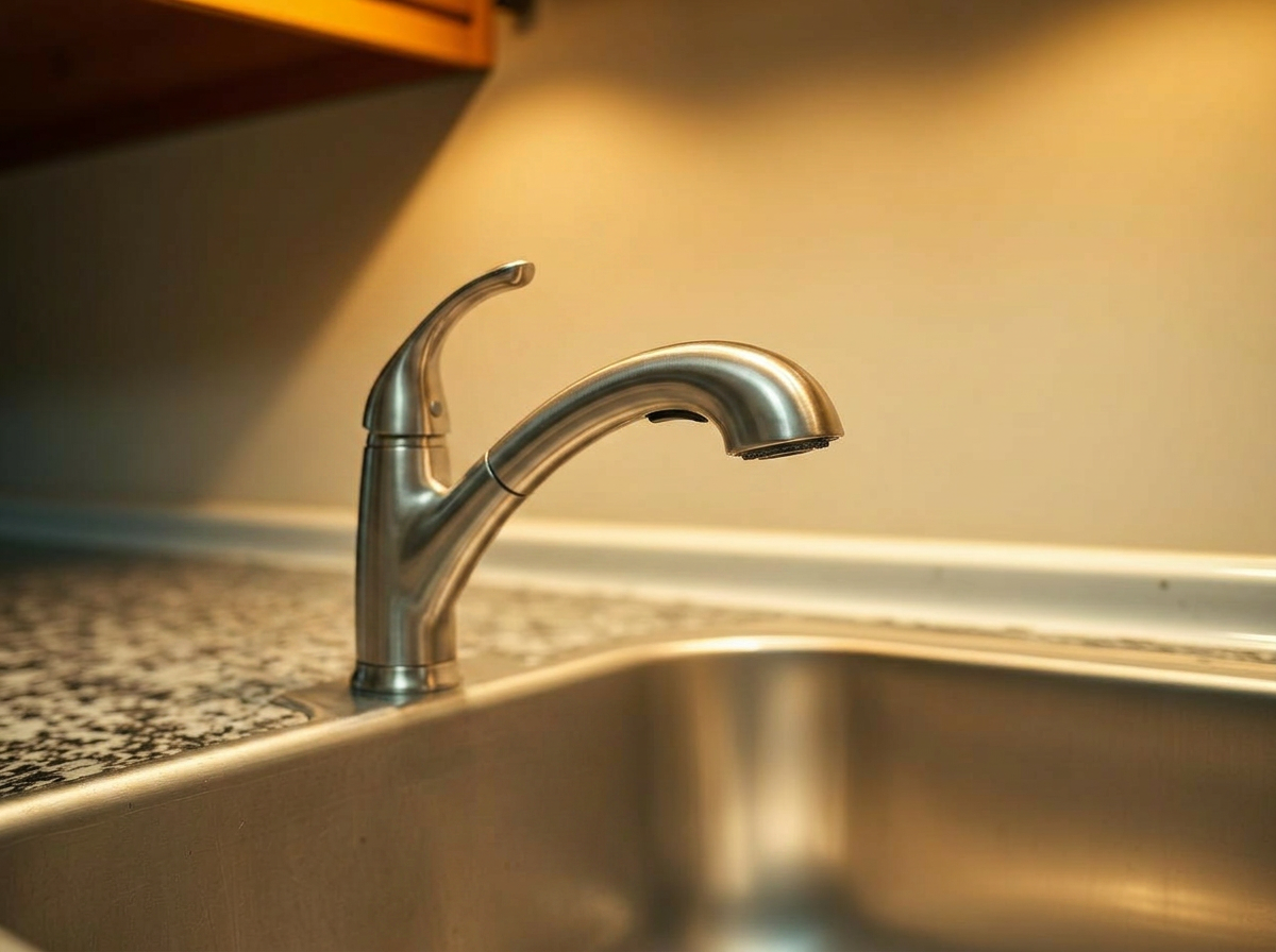After: new brushed nickel single-handle pull-down kitchen faucet installed by handyman in Cypress TX