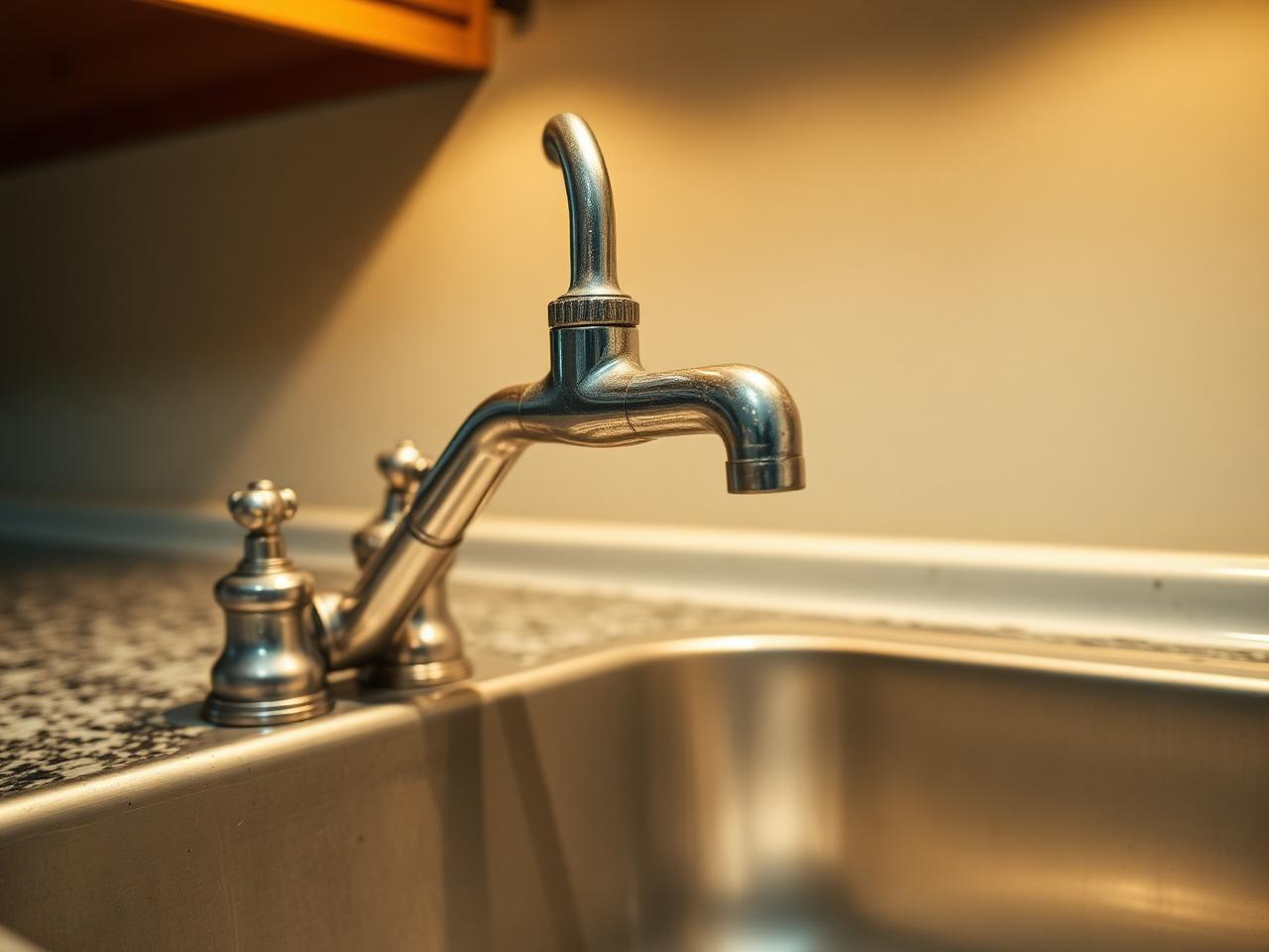 Before: worn chrome two-handle kitchen faucet with mineral stains in a Cypress TX kitchen