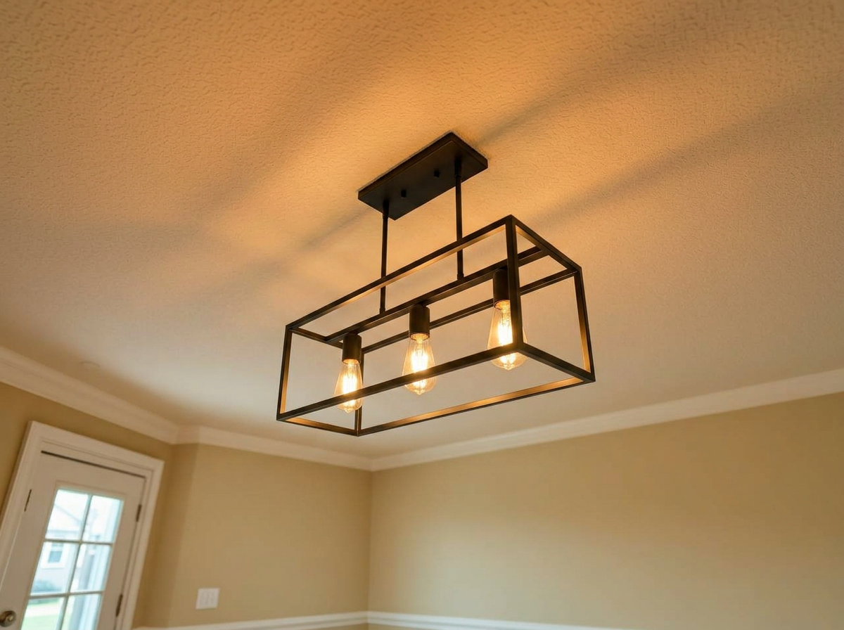 After: sleek matte black linear cage chandelier with warm Edison bulbs installed by handyman in Spring TX