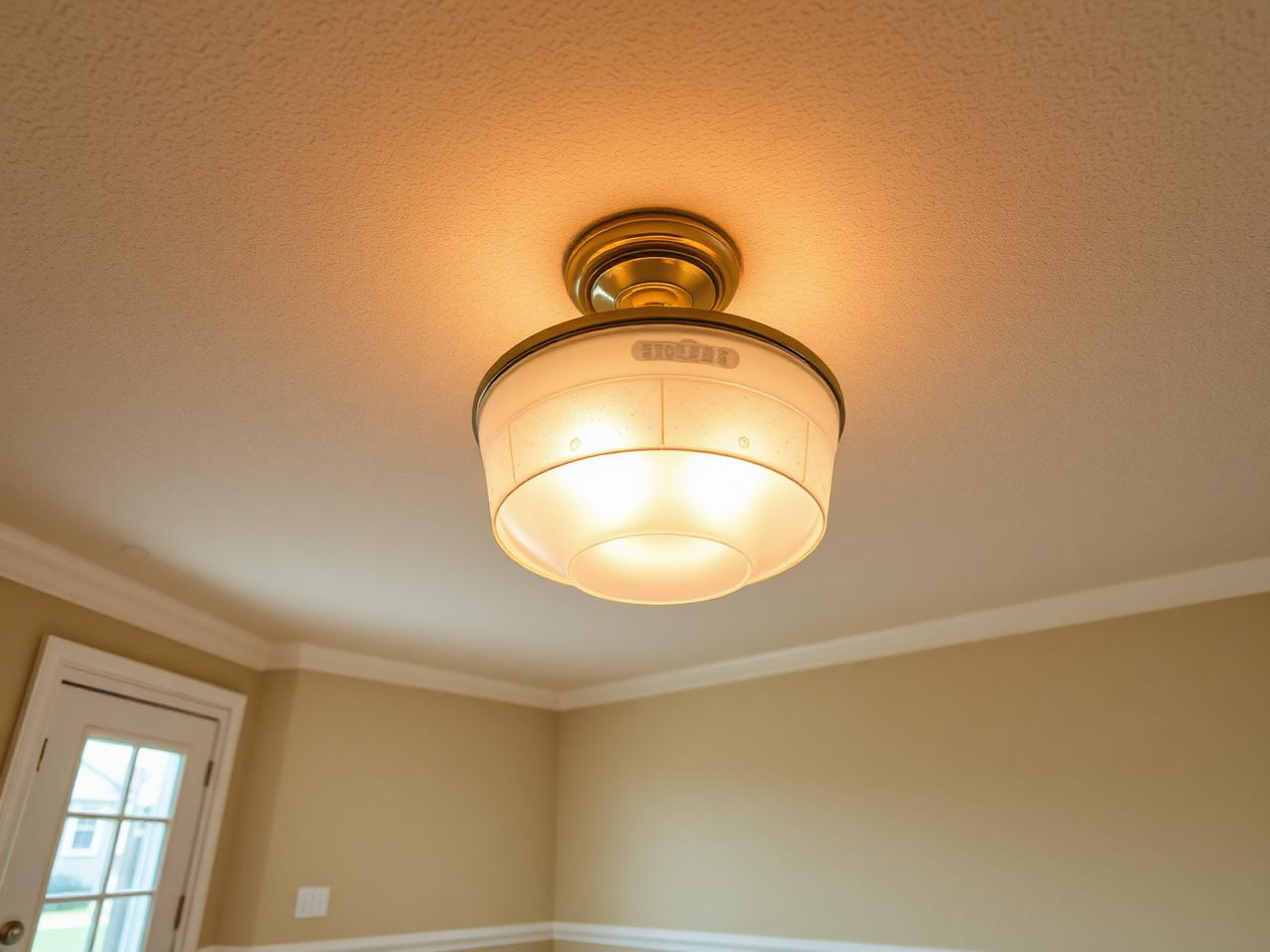Before: dated 1990s brass and frosted-glass flush-mount ceiling light in a Spring TX dining room