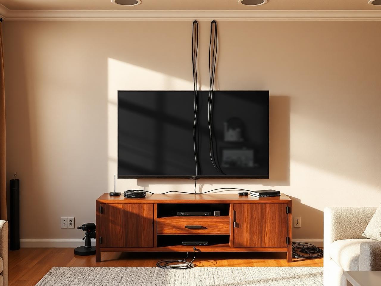 Before: 65-inch flat-screen TV on console with tangled HDMI and power cables exposed on the wall in a Katy TX living room